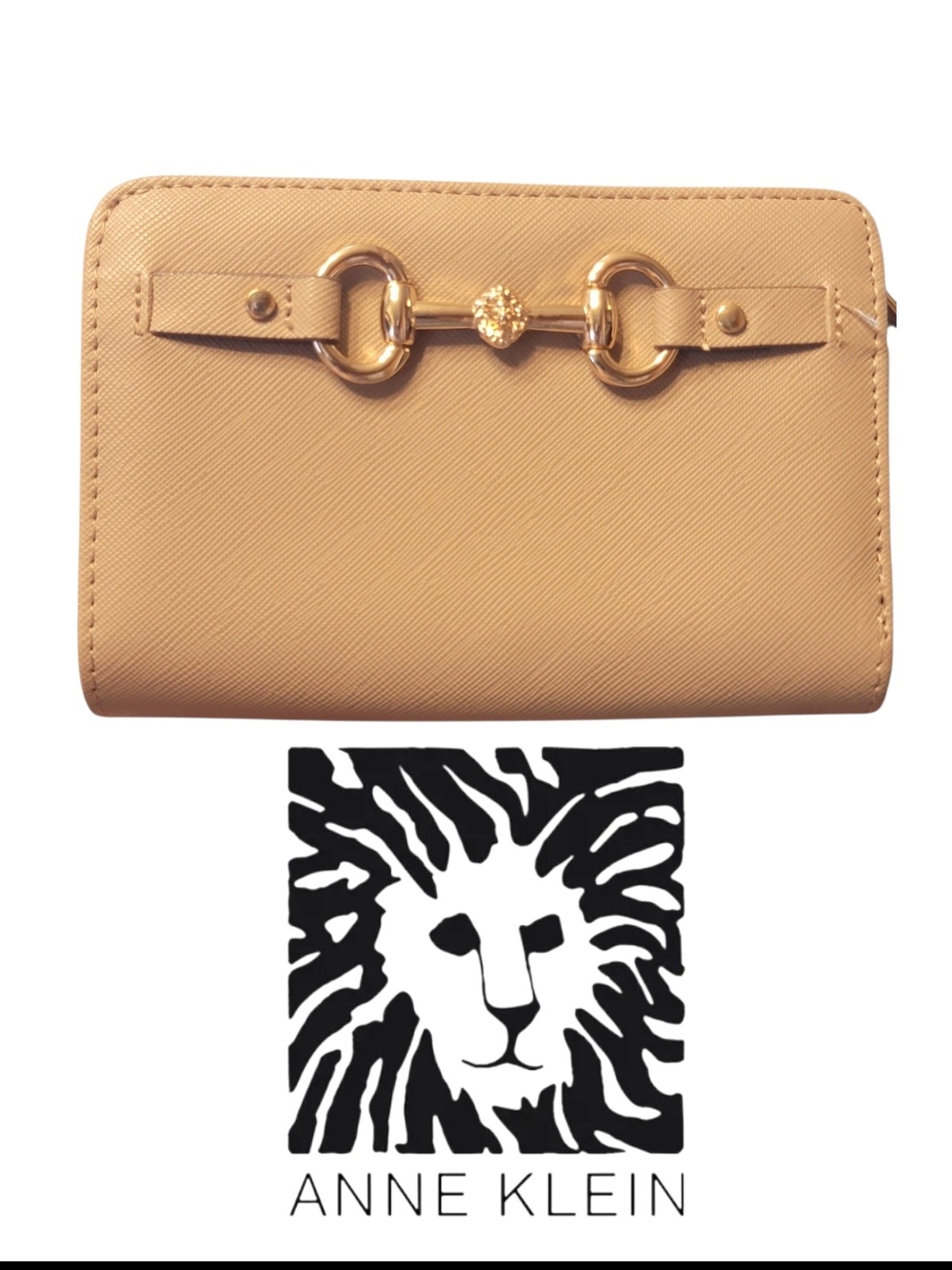 Anne Klein Beige Saffiano Faux Leather Bifold Wallet with Gold Horsebit Hardware